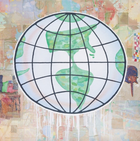 BRINTZ GALLERY, DONALD BAECHLER, Globe, 2010, Acrylic, screenprint, and fabric collage on canvas, 60 by 60 inches, Unique Art